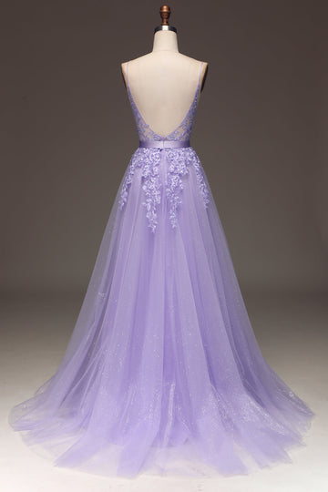 Vestido de fiesta de tul y cuentas de tirantes finos de línea A púrpura con cuentas y apliques